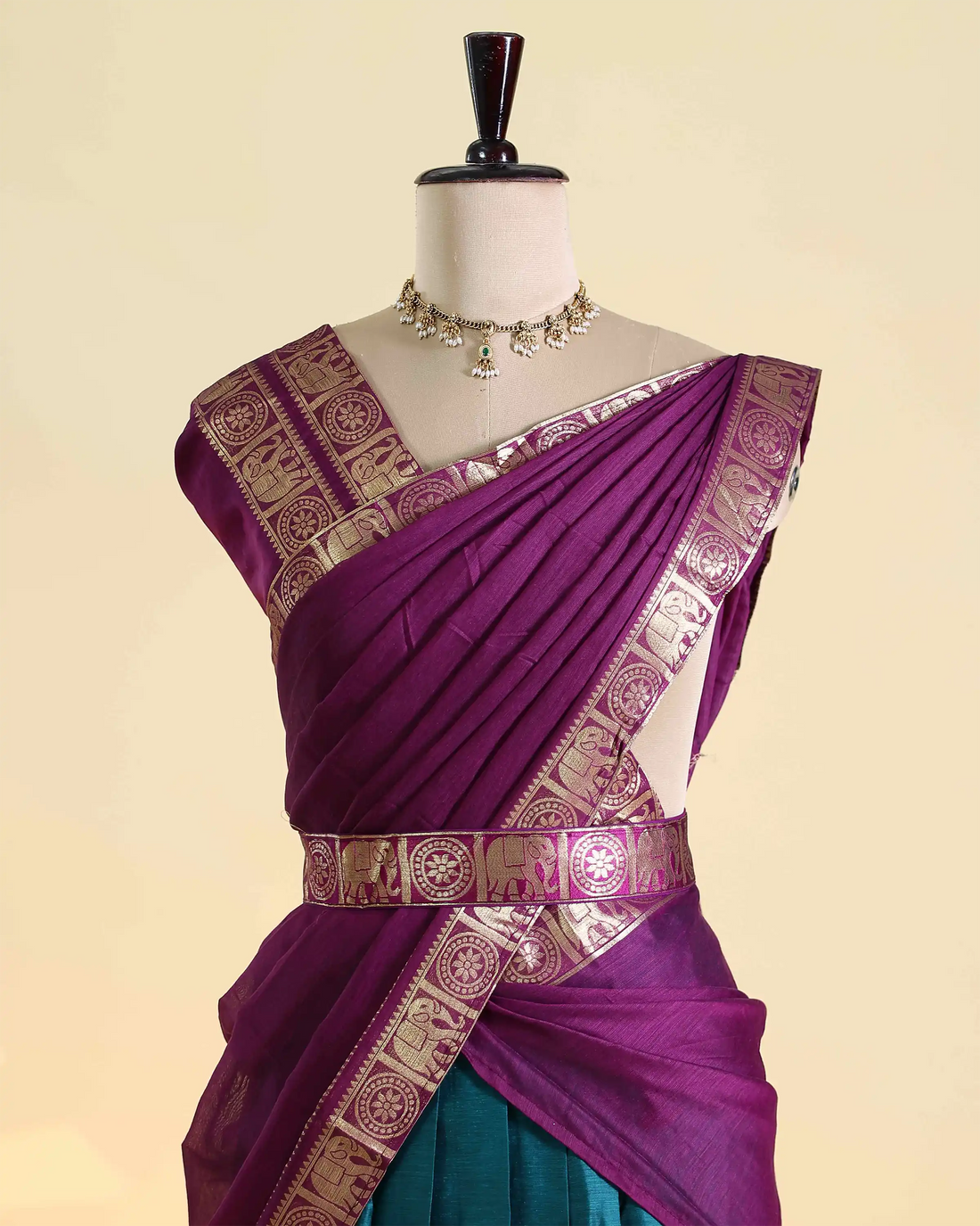 Women's Semi Stitched Dhavani Set with Zari Woven Border Pleated Skirt and Designer Draped Blouse - Purple & Teal