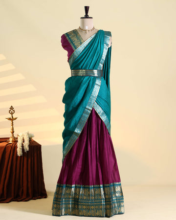 Women's Traditional Semi Stitched Dhavani Set with Intricate Zari Woven Border and Ethnic Designer Dupatta - Teal & Purple
