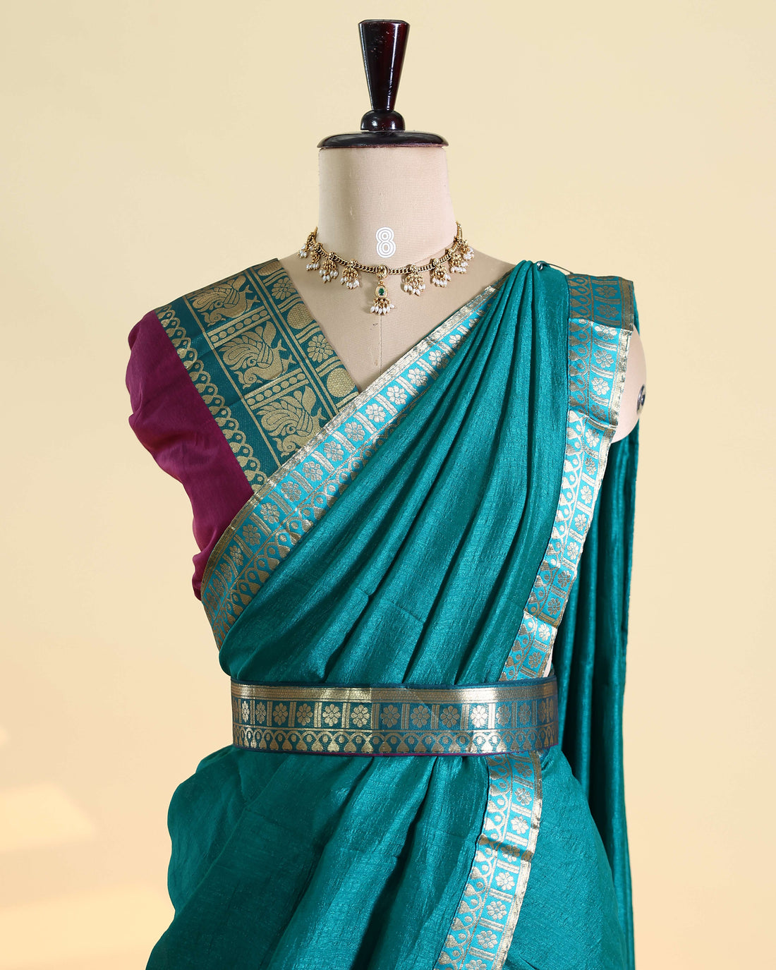 Women's Traditional Semi Stitched Dhavani Set with Intricate Zari Woven Border and Ethnic Designer Dupatta - Teal & Purple