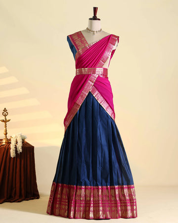 Women's Semi Stitched Dhavani Set with Traditional Zari Woven Border Pleated Blouse Contrast Brocade Waist Belt and Flared Ethnic Skirt - Pink & Navy