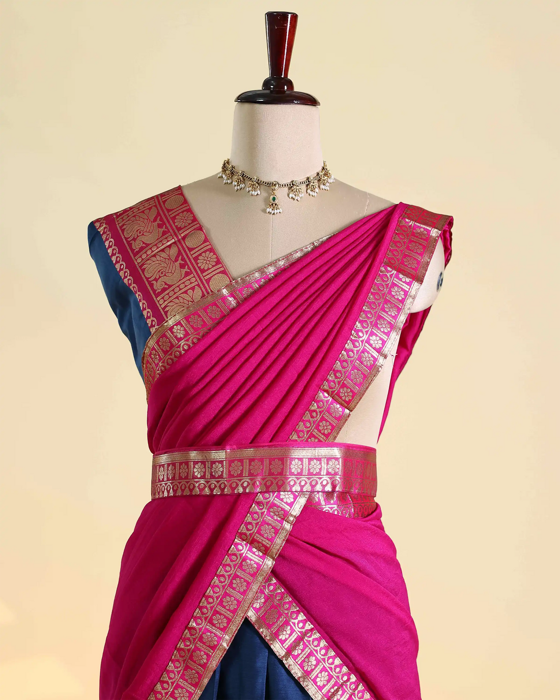 Women's Semi Stitched Dhavani Set with Traditional Zari Woven Border Pleated Blouse Contrast Brocade Waist Belt and Flared Ethnic Skirt - Pink & Navy