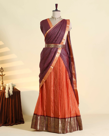 Women’s Semi Stitched Dhavani Set with Checked Pleated Skirt Zari Woven Border and Matching Waist Belt - Maroon & Orange
