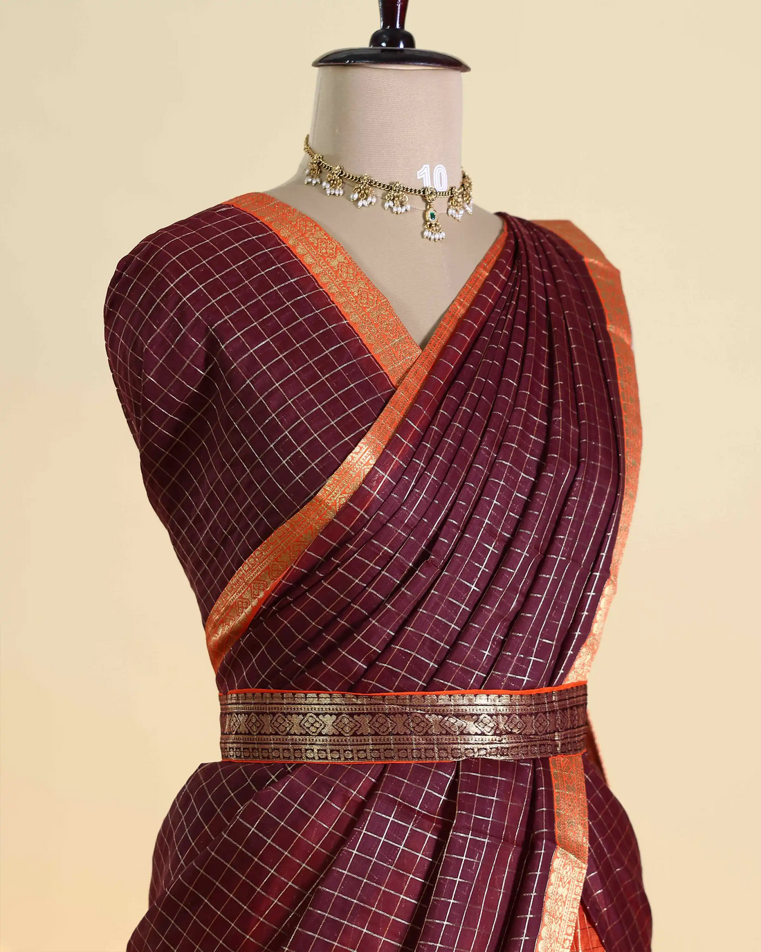 Women’s Semi Stitched Dhavani Set with Checked Pleated Skirt Zari Woven Border and Matching Waist Belt - Maroon & Orange