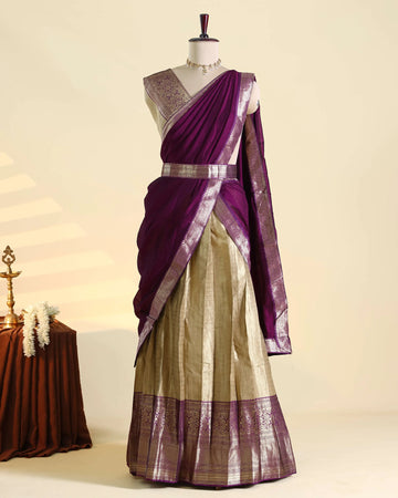 Women’s Semi Stitched Dhavani Set with Zari Woven Border Pleated Skirt Decorative Waist Belt  - Purple & Gold