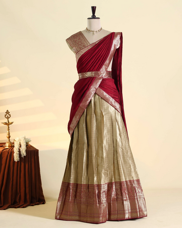 Women's Semi Stitched Dhavani Set with Pleated Skirt Zari Woven Border Decorative Dhavani and Unstitched Blouse Piece - Maroon and Gold