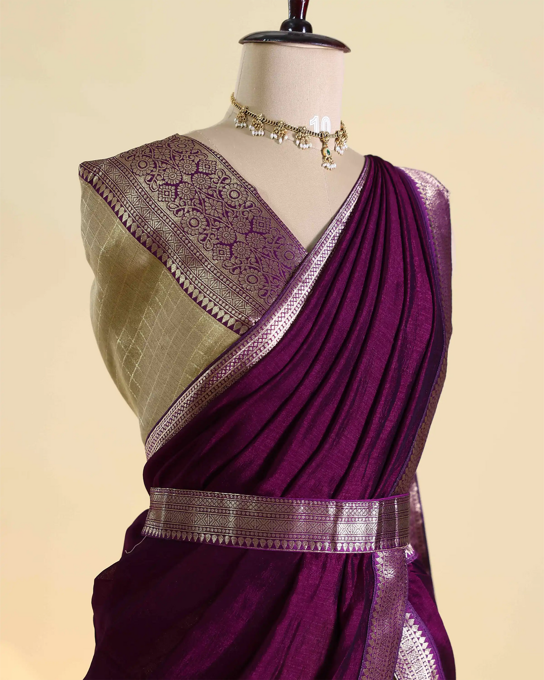 Women’s Semi Stitched Dhavani Set with Zari Woven Border Pleated Skirt Decorative Waist Belt  - Purple & Gold