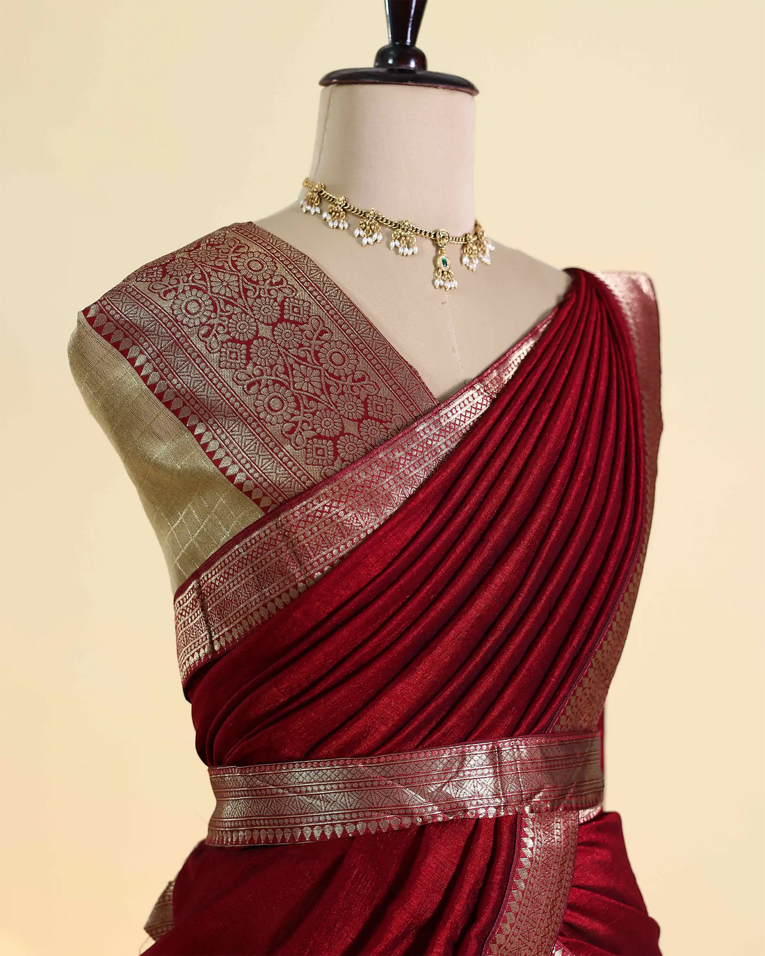 Women's Semi Stitched Dhavani Set with Pleated Skirt Zari Woven Border Decorative Dhavani and Unstitched Blouse Piece - Maroon and Gold