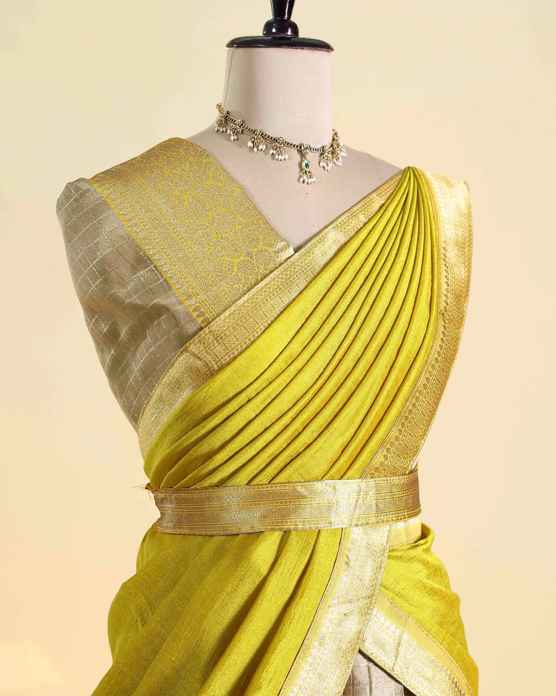 Women's Semi Stitched Dhavani Set with Pleated Draped Dupatta Woven Zari Border and Flared Lehenga Skirt - Lime Yellow & Gold