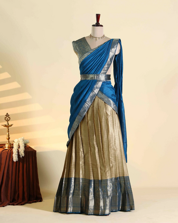 Women's Semi Stitched Dhavani Set with Checked Pattern Skirt Zari Woven Border and Draped Dupatta - Blue & Gold