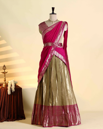 Womens Semi Stitched Dhavani Set with Checked Skirt Intricate Zari Woven Border and Draped Dupatta - Pink and Gold