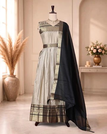 Women’s Woven Ethnic Maxi Dress with Zari Border Detailing V-Neckline Sleeveless Bodice Gathered Floor Length Skirt and Coordinated Dupatta - Beige