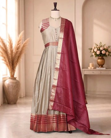 Women’s Cotton Blend Solid Maxi Dress with Brocade Border Button Front Bodice Defined Waist Flared Silhouette & Draped Dupatta - Beige