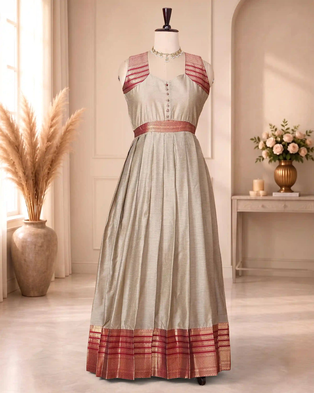 Women’s Cotton Blend Solid Maxi Dress with Brocade Border Button Front Bodice Defined Waist Flared Silhouette & Draped Dupatta - Beige