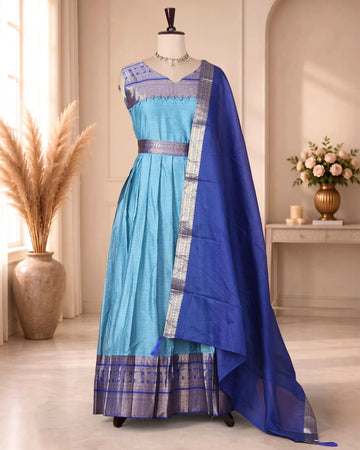 Women’s Woven Ethnic Maxi Dress with Zari Border Detailing V-Neckline Sleeveless Bodice Gathered Floor Length Skirt and Coordinated Dupatta - Blue