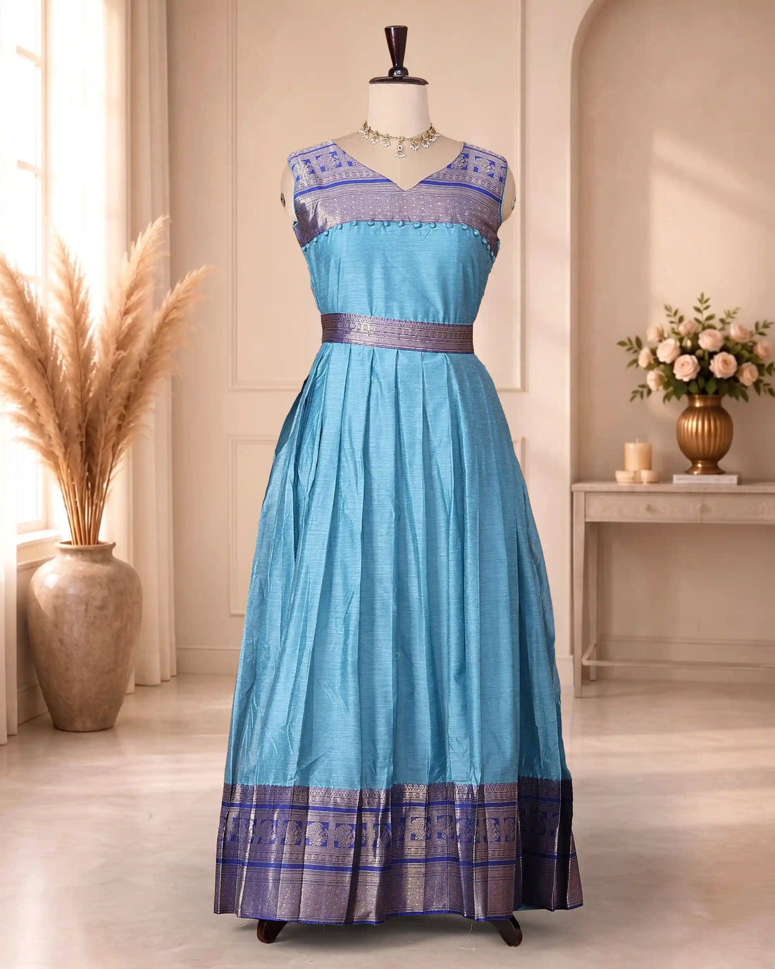 Women’s Woven Ethnic Maxi Dress with Zari Border Detailing V-Neckline Sleeveless Bodice Gathered Floor Length Skirt and Coordinated Dupatta - Blue