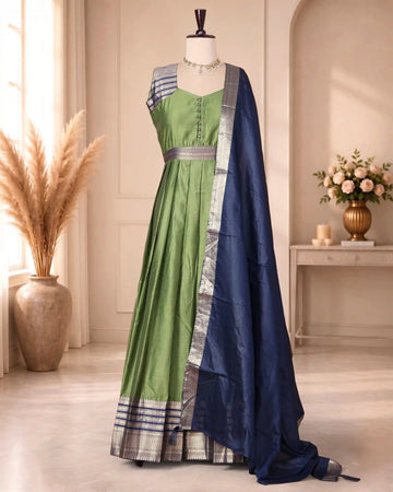 Women’s Cotton Blend Solid Maxi Dress with Brocade Border Button Front Bodice Defined Waist Flared Silhouette & Draped Dupatta - Green