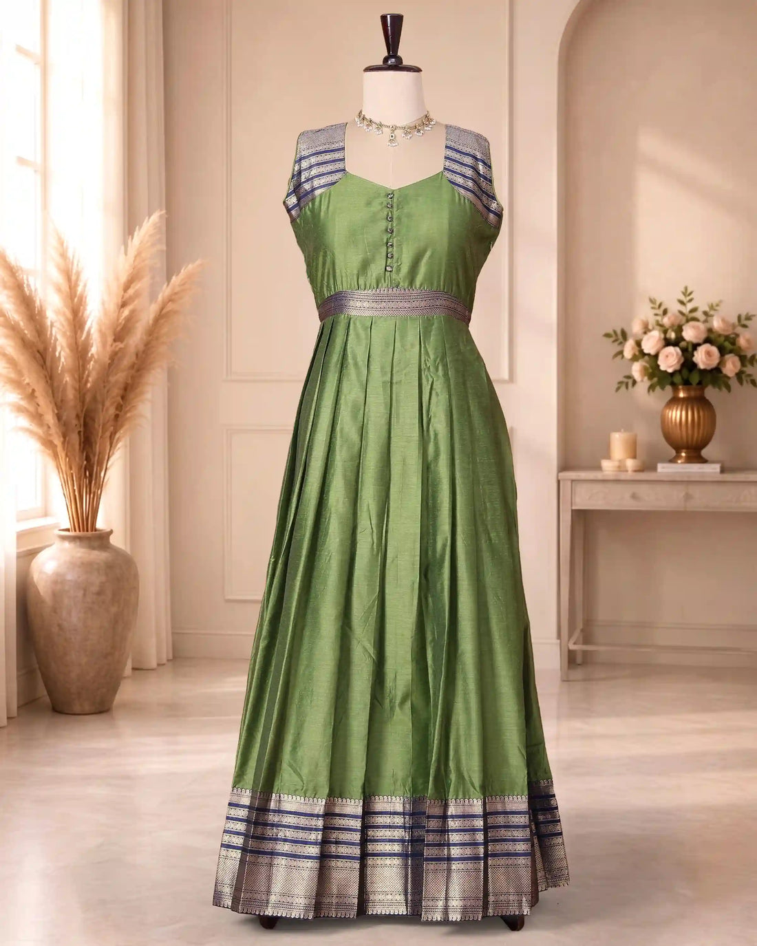 Women’s Cotton Blend Solid Maxi Dress with Brocade Border Button Front Bodice Defined Waist Flared Silhouette & Draped Dupatta - Green