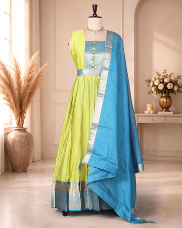 Women’s Cotton Blend Maxi Dress with Paisley Printed Bodice Flared Skirt Metallic Border Detailing and Matching Dupatta - Green