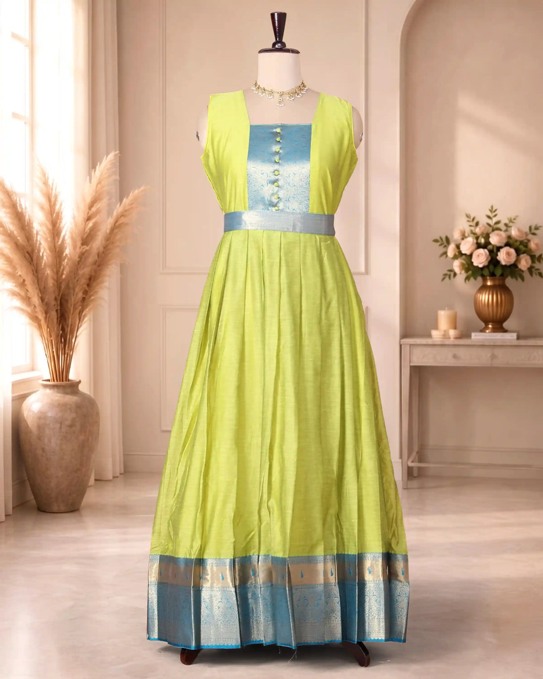 Women’s Cotton Blend Maxi Dress with Paisley Printed Bodice Flared Skirt Metallic Border Detailing and Matching Dupatta - Green