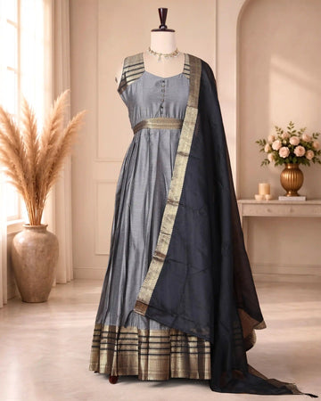 Women’s Cotton Blend Solid Maxi Dress with Brocade Border Button Front Bodice Defined Waist Flared Silhouette & Draped Dupatta - Grey