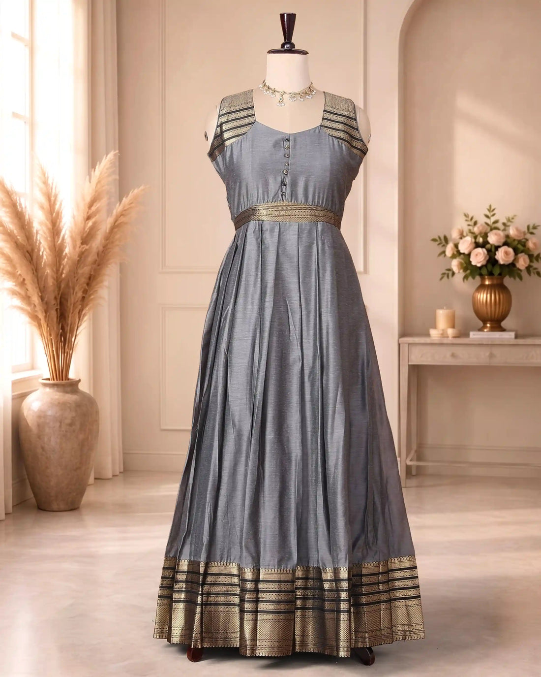 Women’s Cotton Blend Solid Maxi Dress with Brocade Border Button Front Bodice Defined Waist Flared Silhouette & Draped Dupatta - Grey