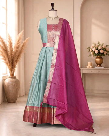 Women’s Cotton Blend Maxi Dress with Paisley Printed Bodice Flared Skirt Metallic Border Detailing and Matching Dupatta - Light Green