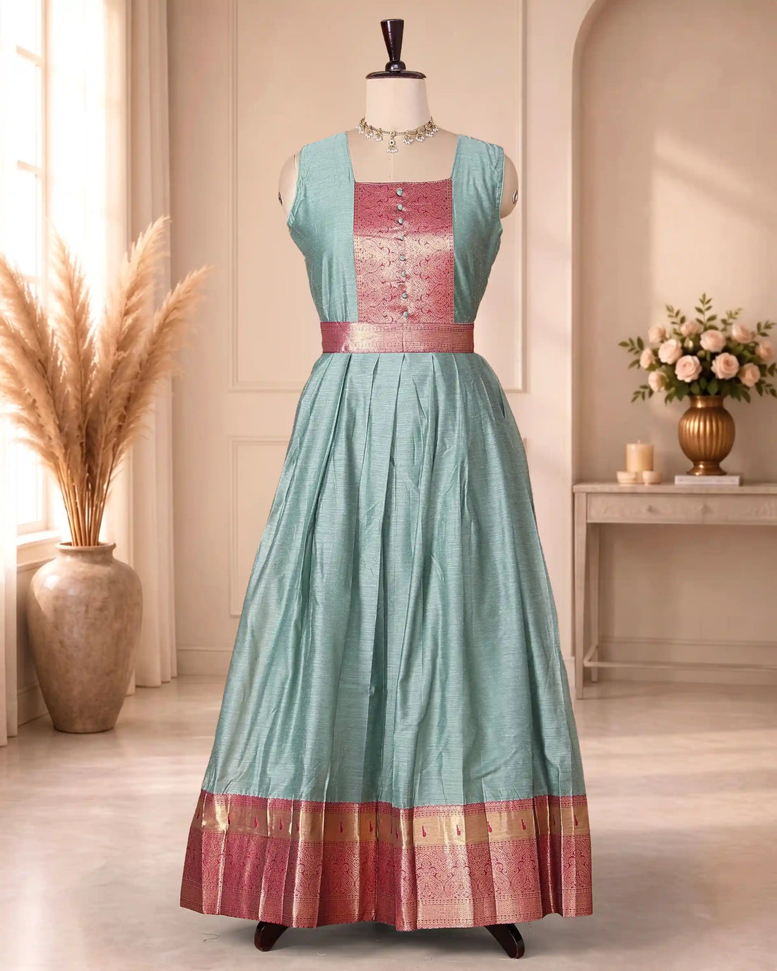 Women’s Cotton Blend Maxi Dress with Paisley Printed Bodice Flared Skirt Metallic Border Detailing and Matching Dupatta - Light Green