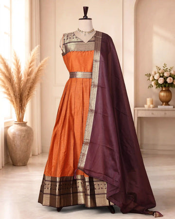 Women’s Woven Ethnic Maxi Dress with Zari Border Detailing V-Neckline Sleeveless Bodice Gathered Floor Length Skirt and Coordinated Dupatta - Orange