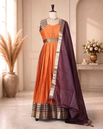 Women’s Cotton Blend Solid Maxi Dress with Brocade Border Button Front Bodice Defined Waist Flared Silhouette & Draped Dupatta - Orange