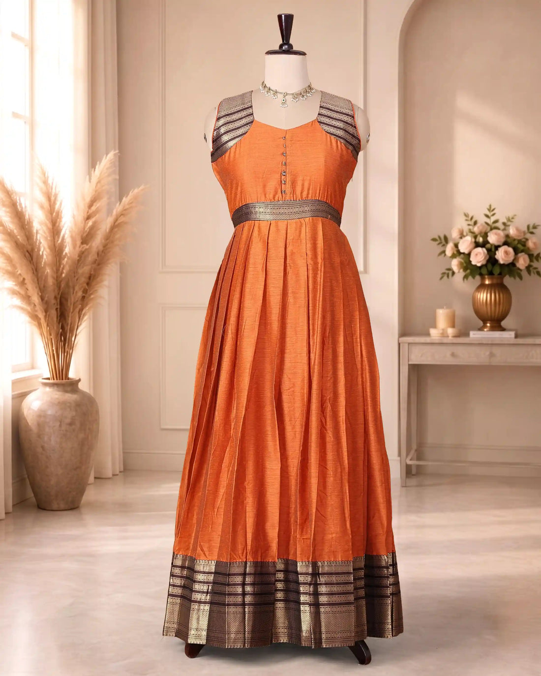 Women’s Cotton Blend Solid Maxi Dress with Brocade Border Button Front Bodice Defined Waist Flared Silhouette & Draped Dupatta - Orange