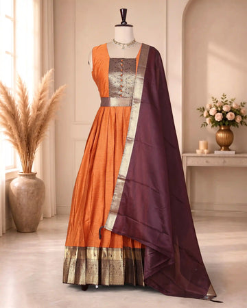 Women’s Cotton Blend Maxi Dress with Paisley Printed Bodice Flared Skirt Metallic Border Detailing and Matching Dupatta - Orange