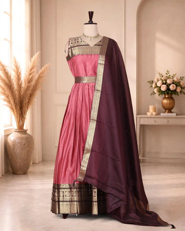 Women’s Woven Ethnic Maxi Dress with Zari Border Detailing V-Neckline Sleeveless Bodice Gathered Floor Length Skirt and Coordinated Dupatta - Pink