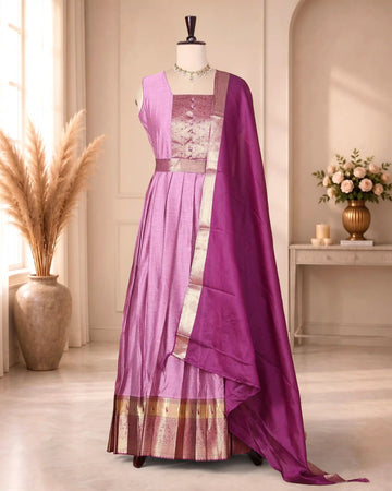 Women’s Cotton Blend Maxi Dress with Paisley Printed Bodice Flared Skirt Metallic Border Detailing and Matching Dupatta - Pink