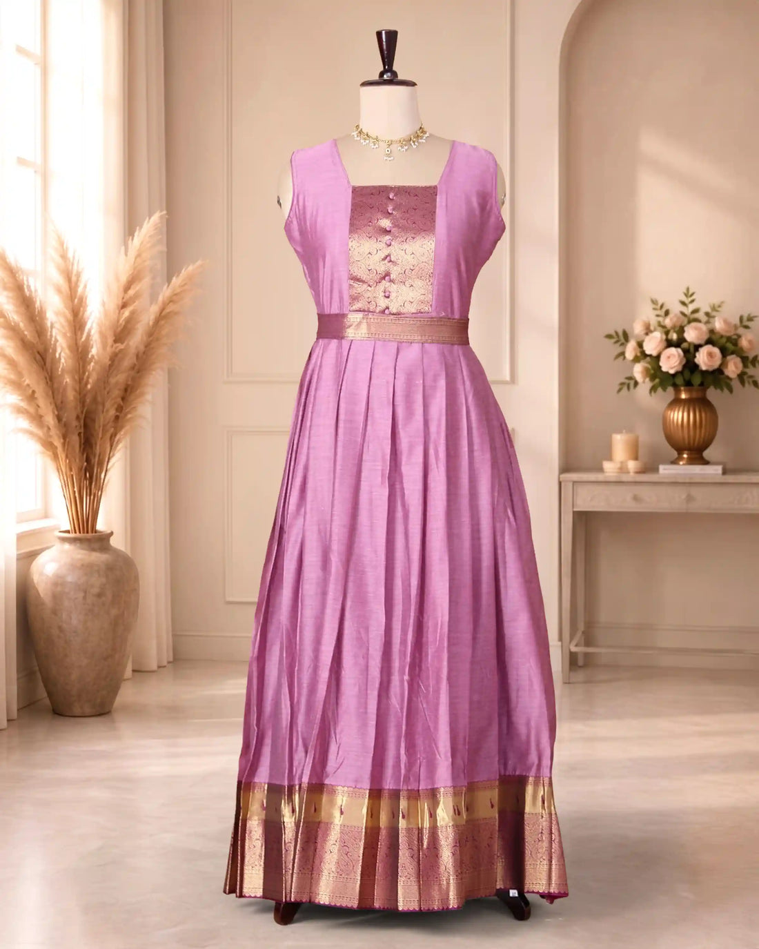 Women’s Cotton Blend Maxi Dress with Paisley Printed Bodice Flared Skirt Metallic Border Detailing and Matching Dupatta - Pink
