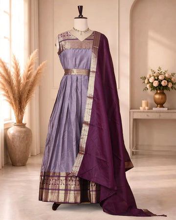 Women’s Woven Ethnic Maxi Dress with Zari Border Detailing V-Neckline Sleeveless Bodice Gathered Floor Length Skirt and Coordinated Dupatta - Purple