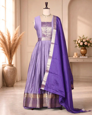 Women’s Cotton Blend Maxi Dress with Paisley Printed Bodice Flared Skirt Metallic Border Detailing and Matching Dupatta - Purple