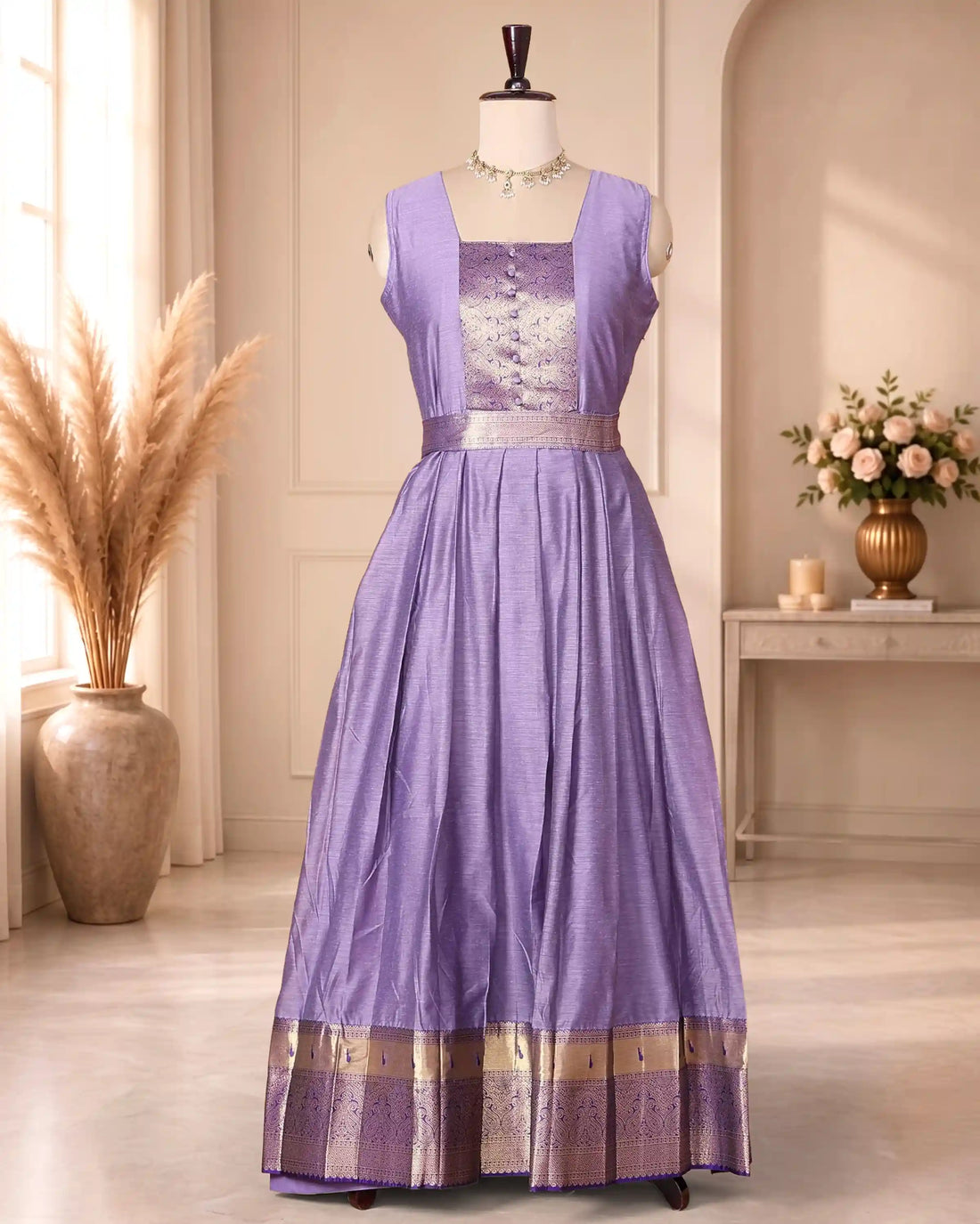 Women’s Cotton Blend Maxi Dress with Paisley Printed Bodice Flared Skirt Metallic Border Detailing and Matching Dupatta - Purple