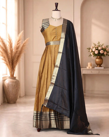 Women’s Cotton Blend Solid Maxi Dress with Brocade Border Button Front Bodice Defined Waist Flared Silhouette & Draped Dupatta - Yellow