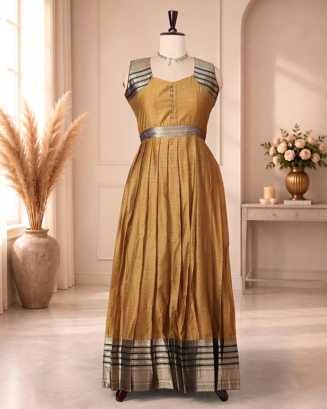 Women’s Cotton Blend Solid Maxi Dress with Brocade Border Button Front Bodice Defined Waist Flared Silhouette & Draped Dupatta - Yellow