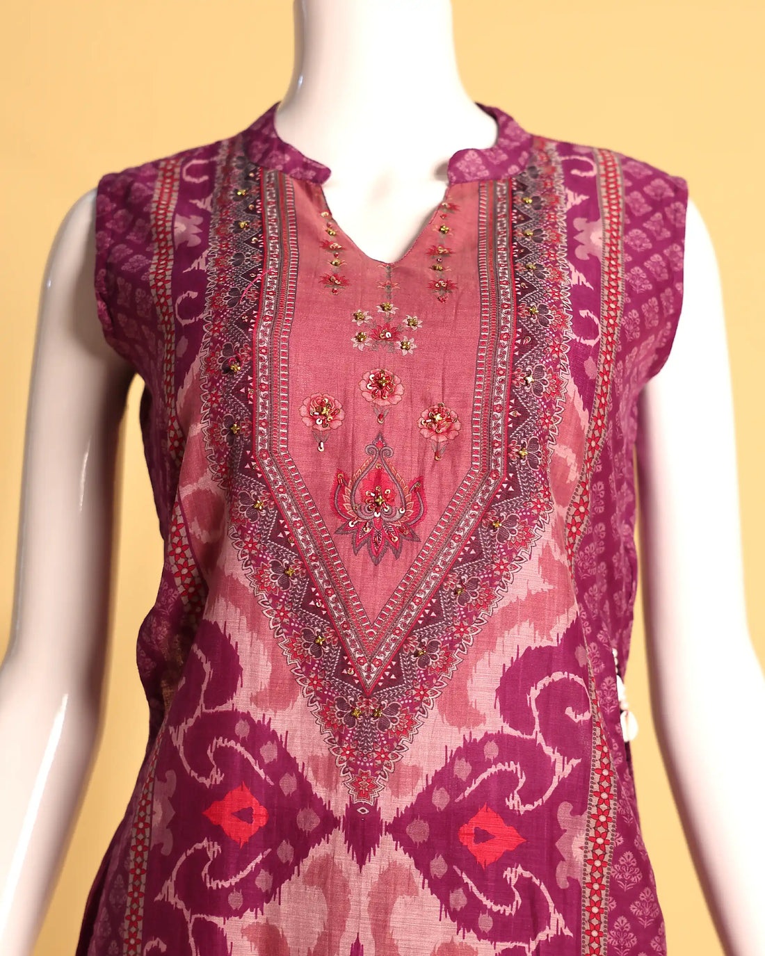 Elegant Printed Cotton Kurta Set with Embellished Neckline and Palazzo Pants - Magenta