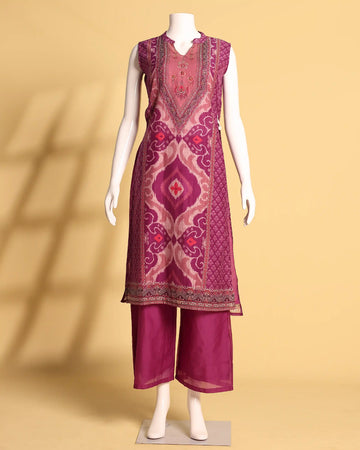 Elegant Printed Cotton Kurta Set with Embellished Neckline and Palazzo Pants - Magenta