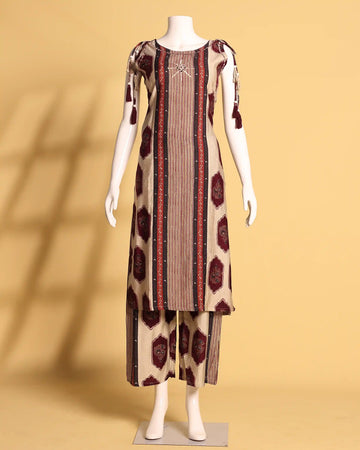 Elegant Printed Cotton Kurta Set with Tassel Sleeves and Straight Pants - Beige