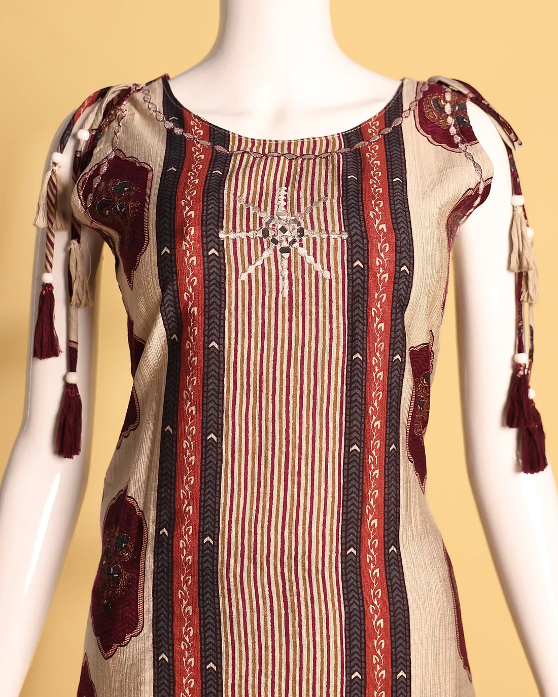 Elegant Printed Cotton Kurta Set with Tassel Sleeves and Straight Pants - Beige