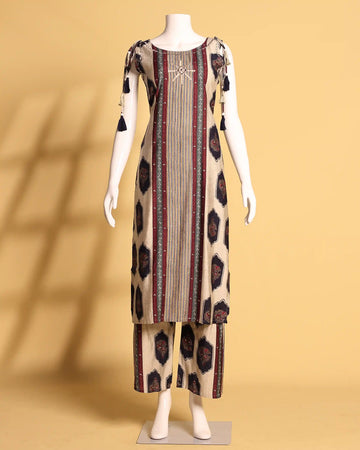 Classic Printed Cotton Kurta Set with Tassel Sleeves and Straight Pants - Beige