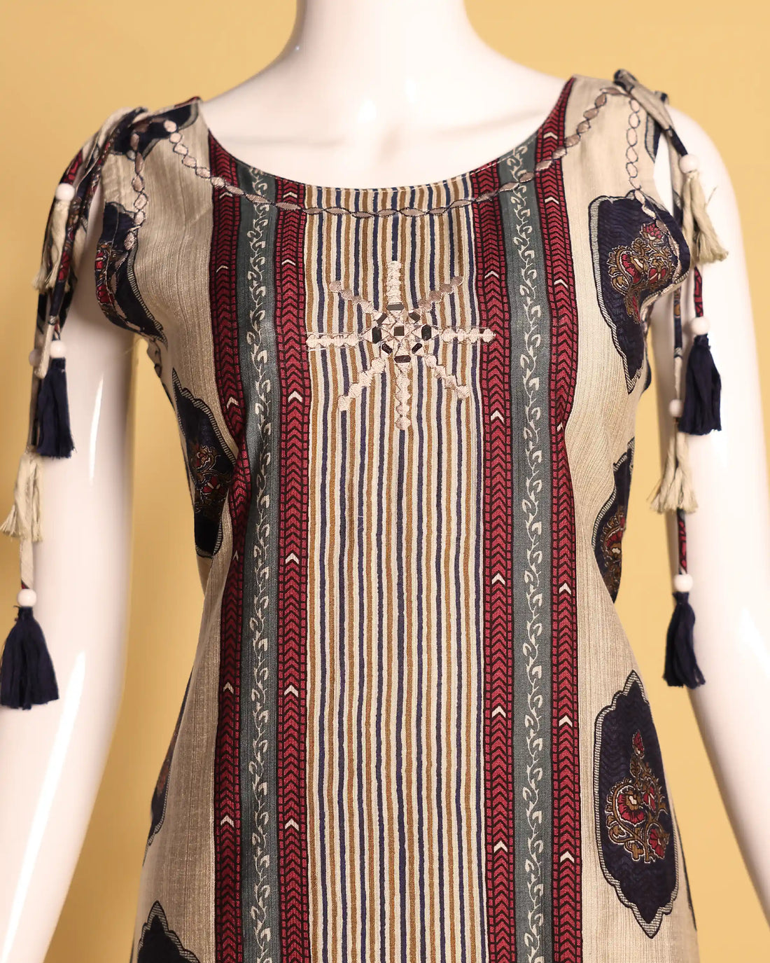 Classic Printed Cotton Kurta Set with Tassel Sleeves and Straight Pants - Beige