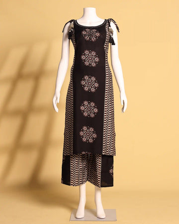 Elegant Printed Cotton Kurta Set with Tie-Up Shoulders and Palazzo Pants - Black