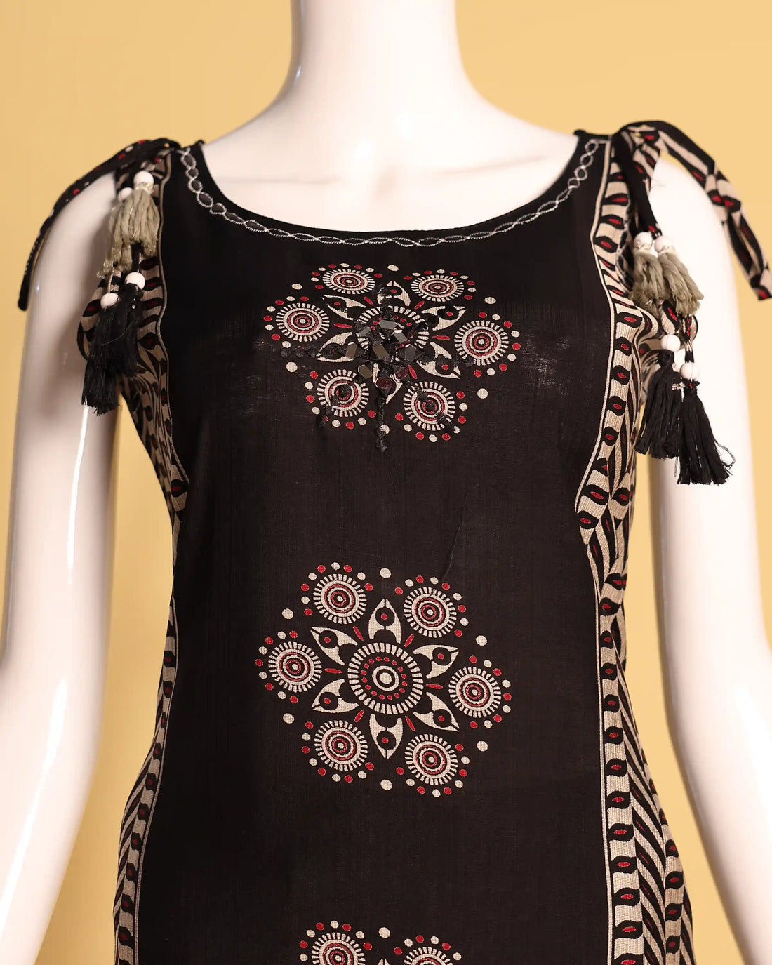 Elegant Printed Cotton Kurta Set with Tie-Up Shoulders and Palazzo Pants - Black