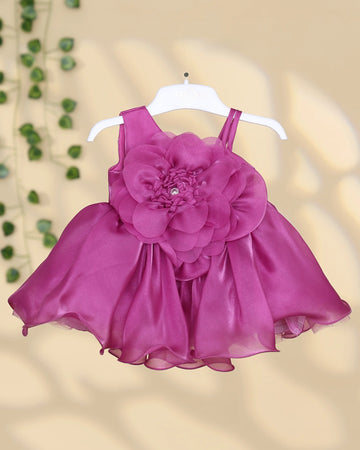 Girls Layered Organza Party Frock with Floral Applique Spaghetti Straps Gathered Bodice and Flared Tiered Skirt - Magenta