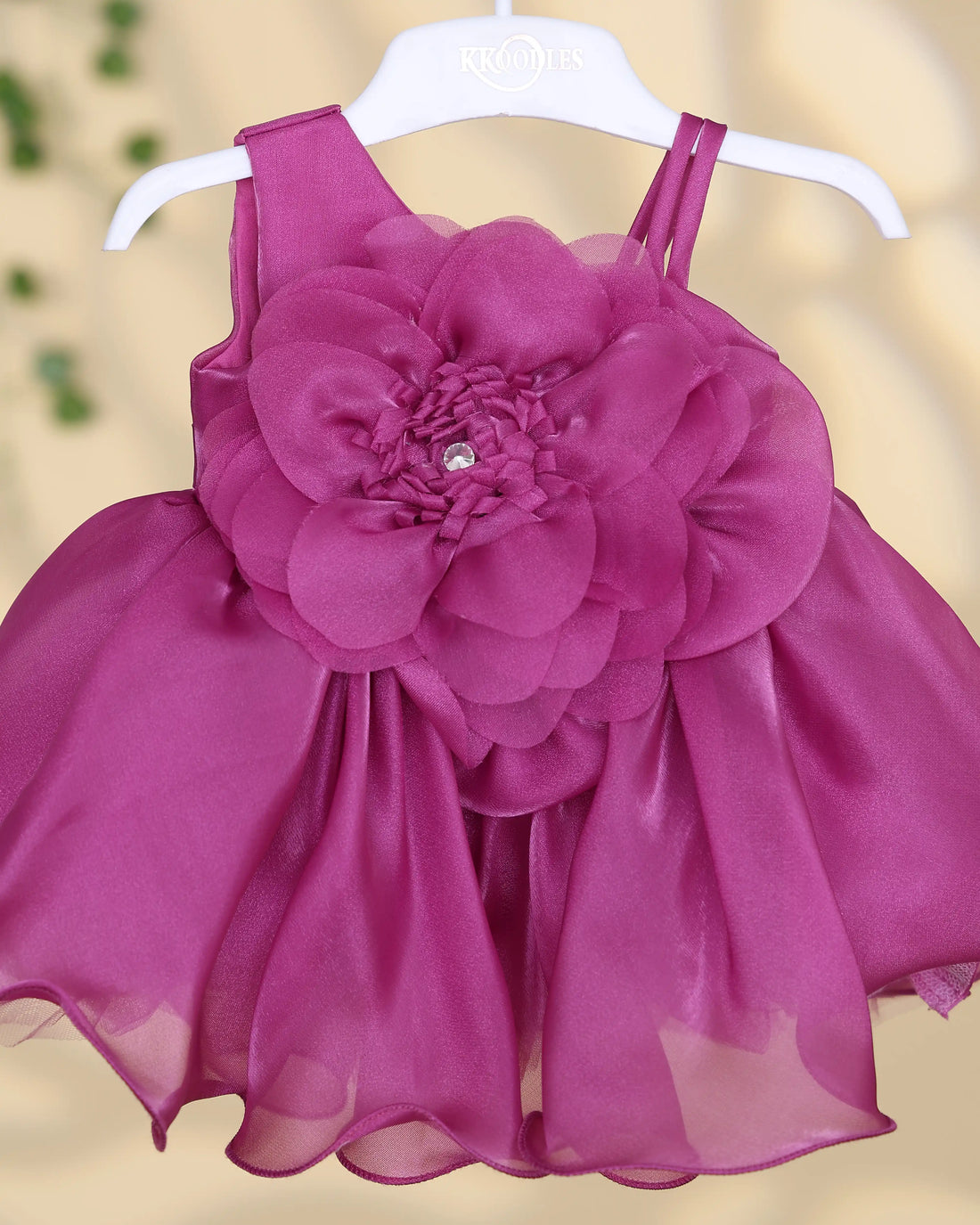 Girls Layered Organza Party Frock with Floral Applique Spaghetti Straps Gathered Bodice and Flared Tiered Skirt - Magenta