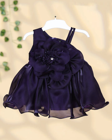 Girls Sleeveless Party Frock with Oversized Floral Applique Layered Flared Skirt and Sheer Overlay - Navy Blue